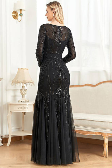 Sparkly Black Mermaid Sequins Formal Dress With Long Sleeves